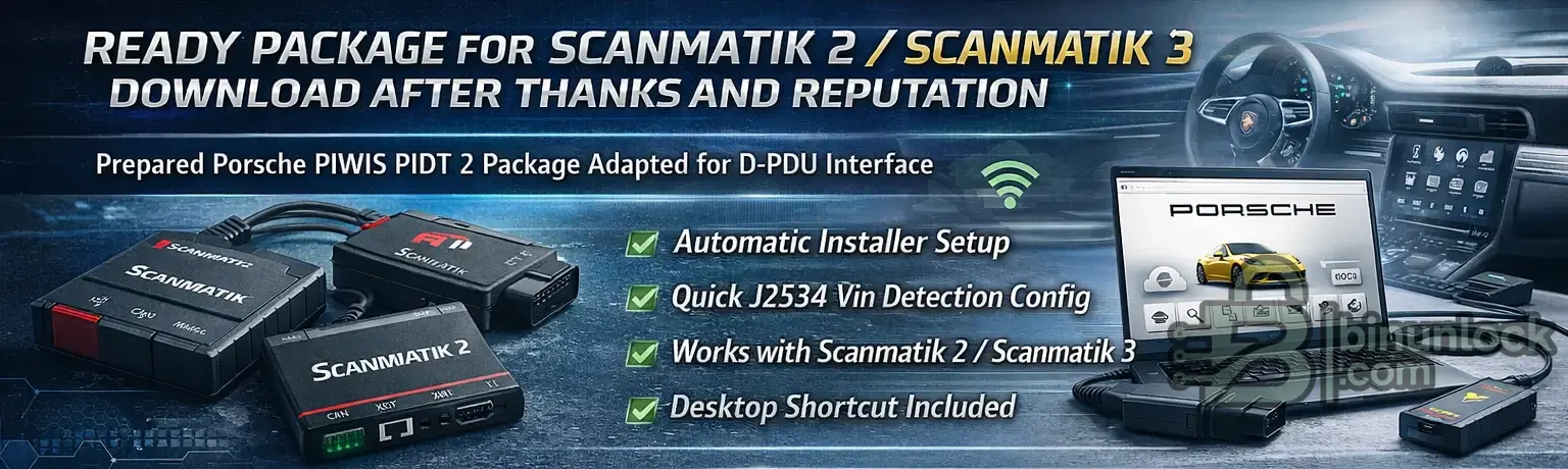 Porsche PIWIS PIDT 2 ready package banner for Scanmatik 2 and 3 with D-PDU setup, J2534 VIN detection