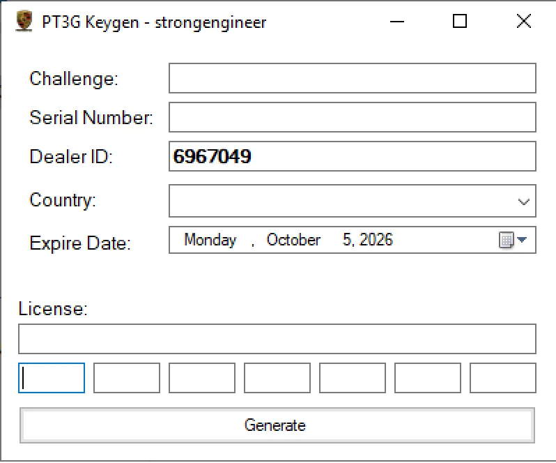 Porsche PT3G License Manager v1.0 main screen with dealer id and expiry fields