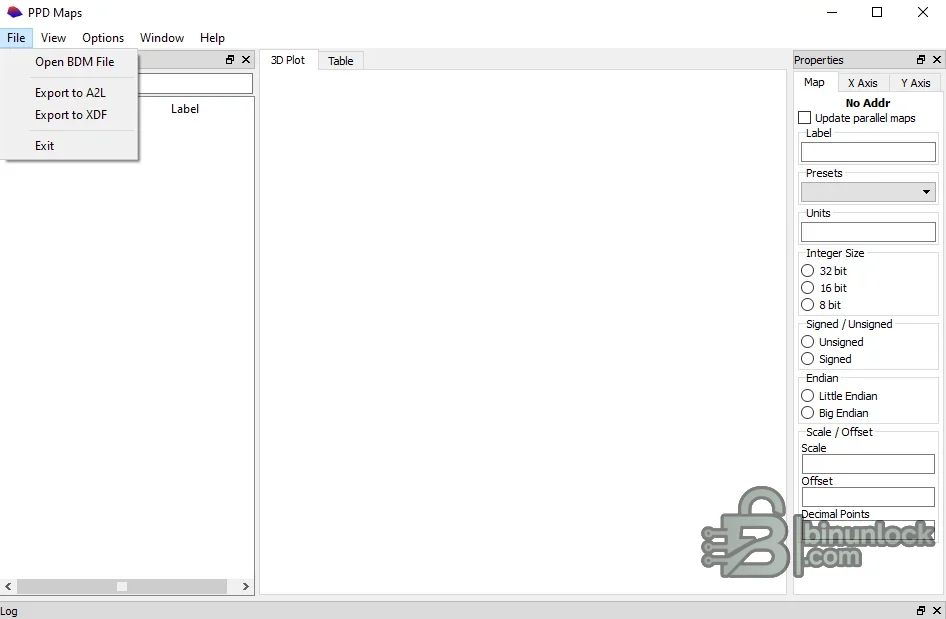 PPD Maps interface with BDM file import, map list, 3D plot, table and axis definition properties