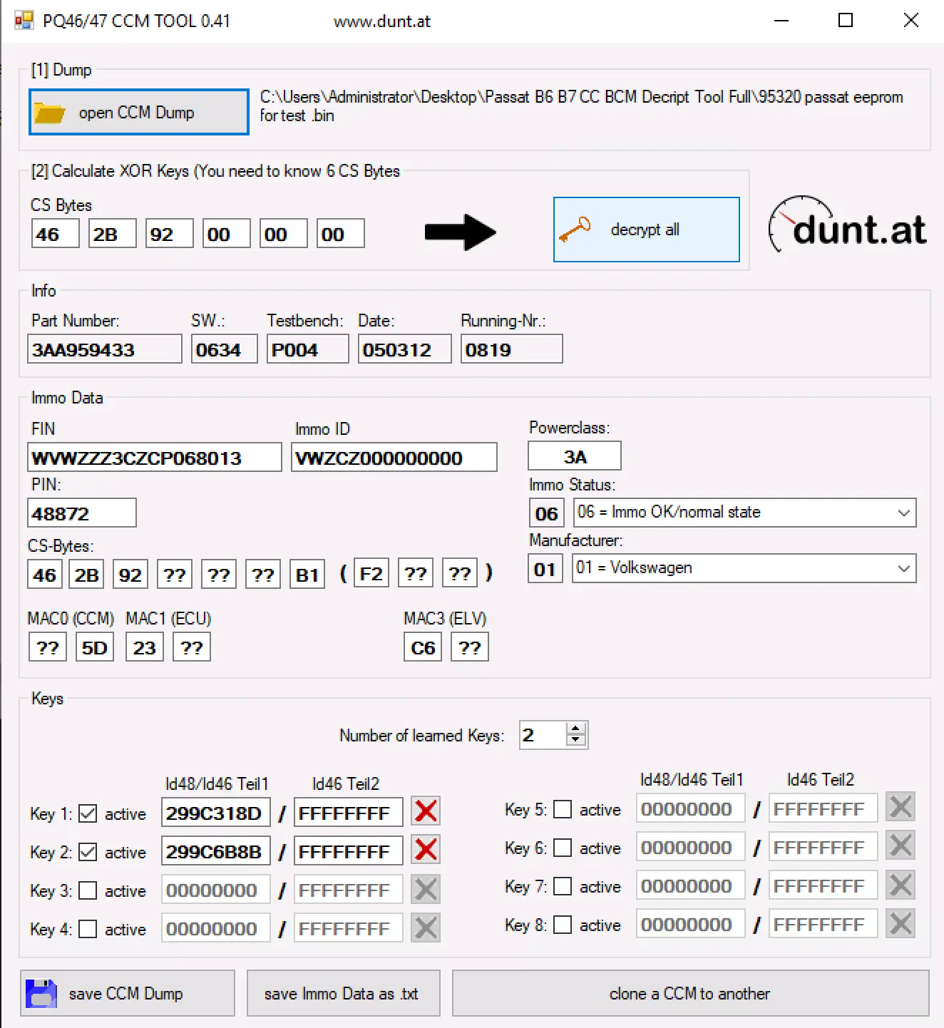 PQ46 47 CCM Tool 0.41 main window showing VW Passat B6 B7 CC BCM 95320 dump, CS bytes, immobiliser data and learned keys.