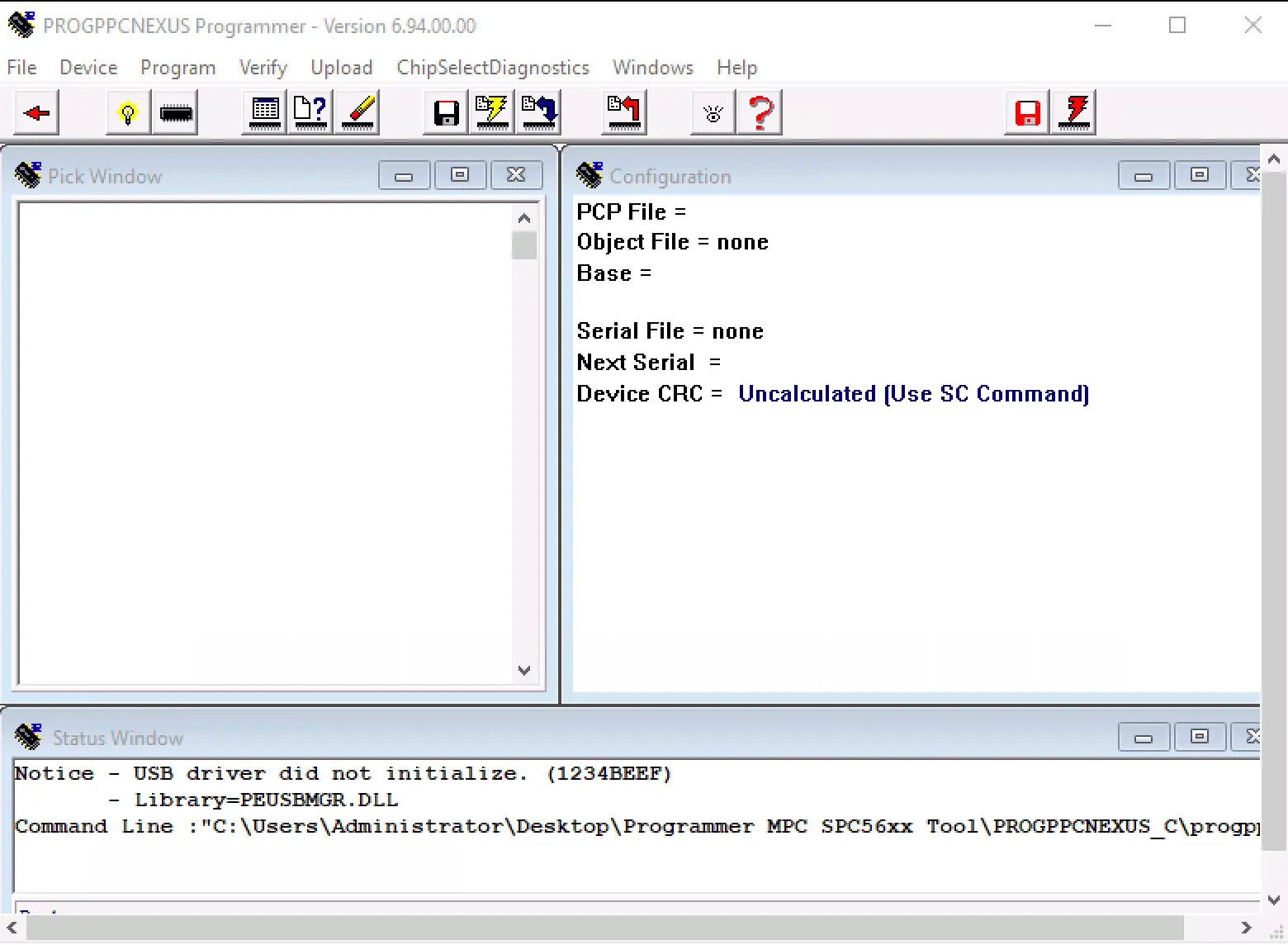 PROGPPCNEXUS 6.94 main GUI with configuration and status panes for programming NXP MPC56xx and ST SPC5 devices.