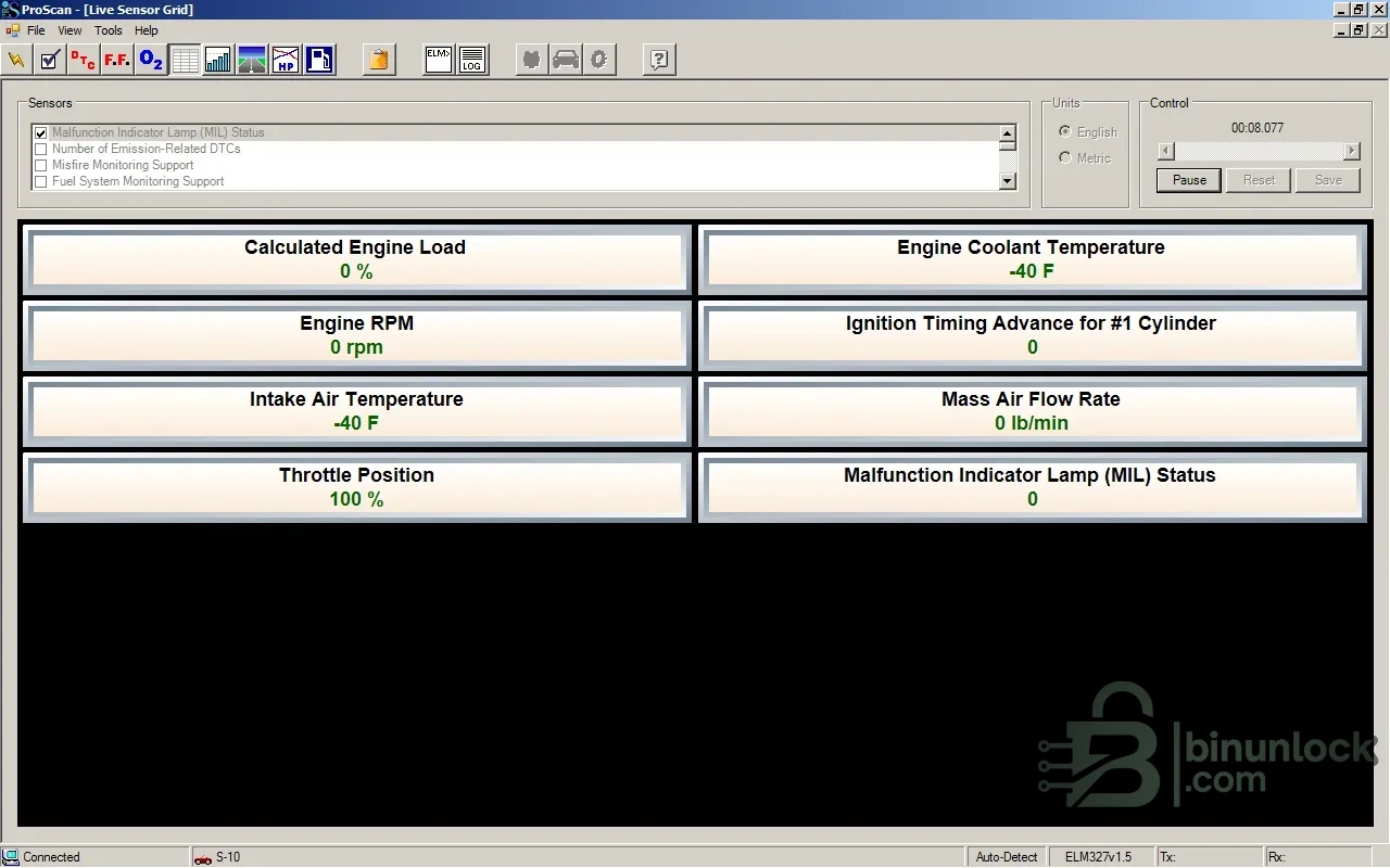 ProScan live sensor grid showing engine load, coolant temperature, RPM, timing, airflow and throttle data