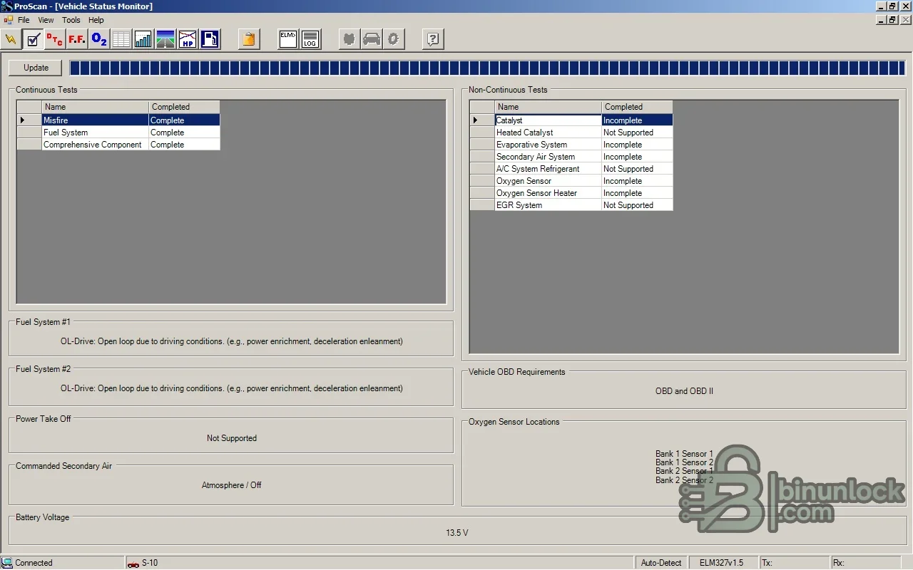 ProScan vehicle status monitor with continuous and non-continuous OBD-II readiness tests