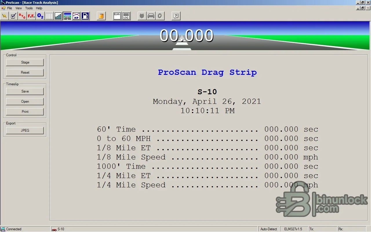 ProScan race track analysis screen for timed acceleration and distance measurements