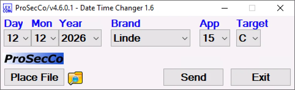 ProSecCo Date Time Changer 1.6 with day, month, year, brand, and app selectors for legacy forklift software.