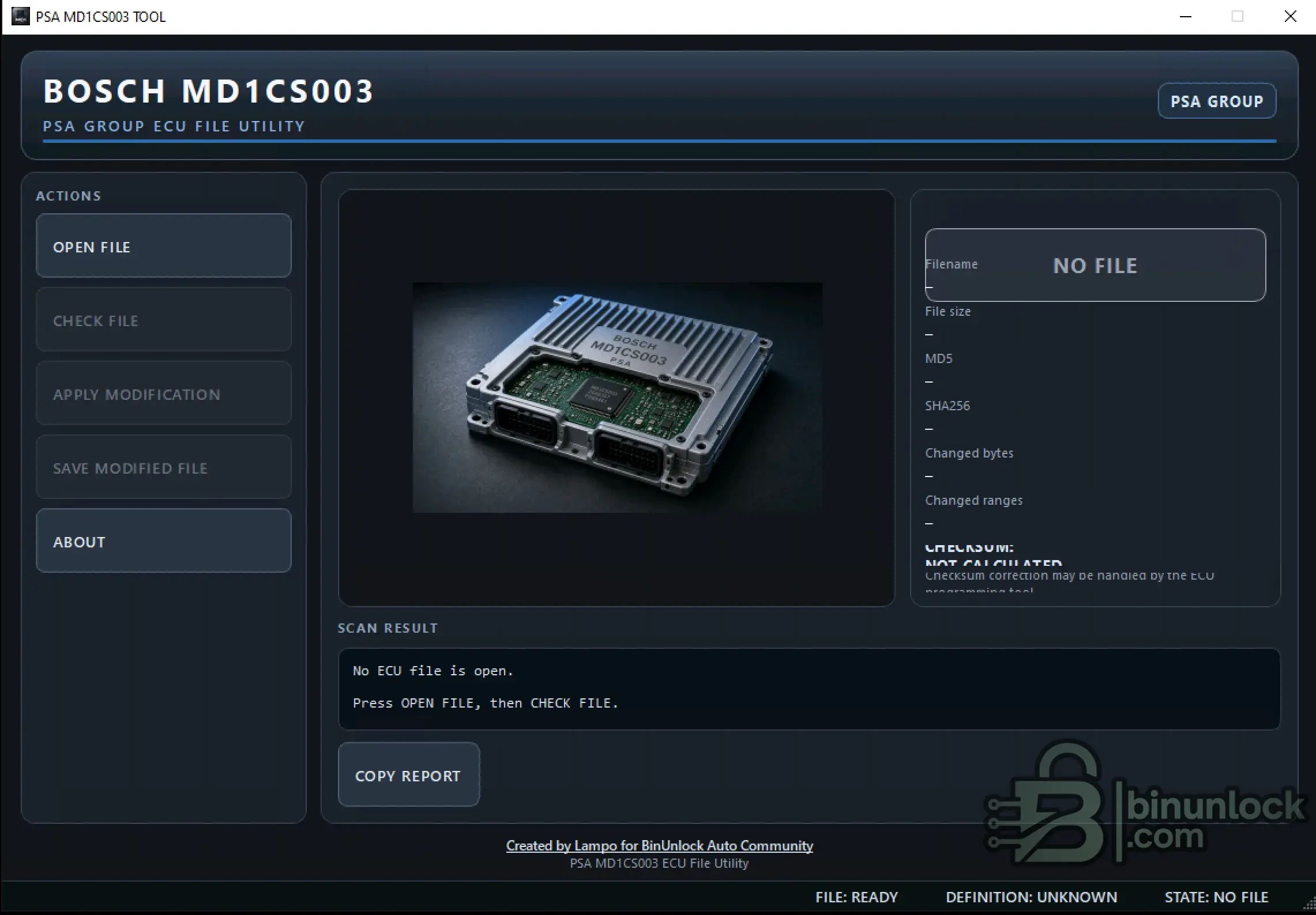 PSA Bosch MD1CS003 ECU File Tool with automatic software variant detection and file modification