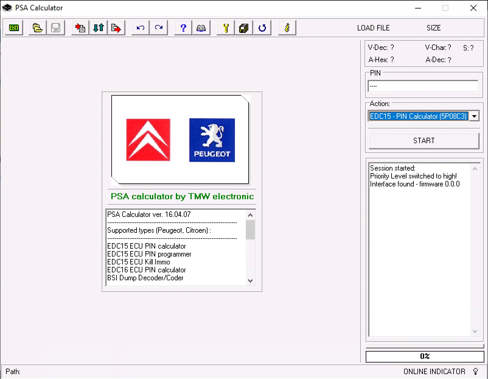 The main interface of the PSA Calculator by TMW electronic, showing the list of supported functions like EDC15 PIN calculator and BSI Dump Decoder. 