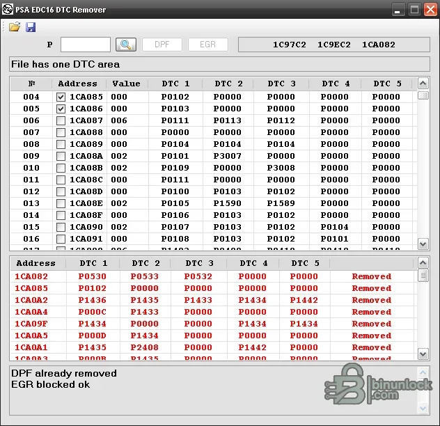 PSA EDC16 DTC Remover interface showing fault-code addresses, DTC values and removal status