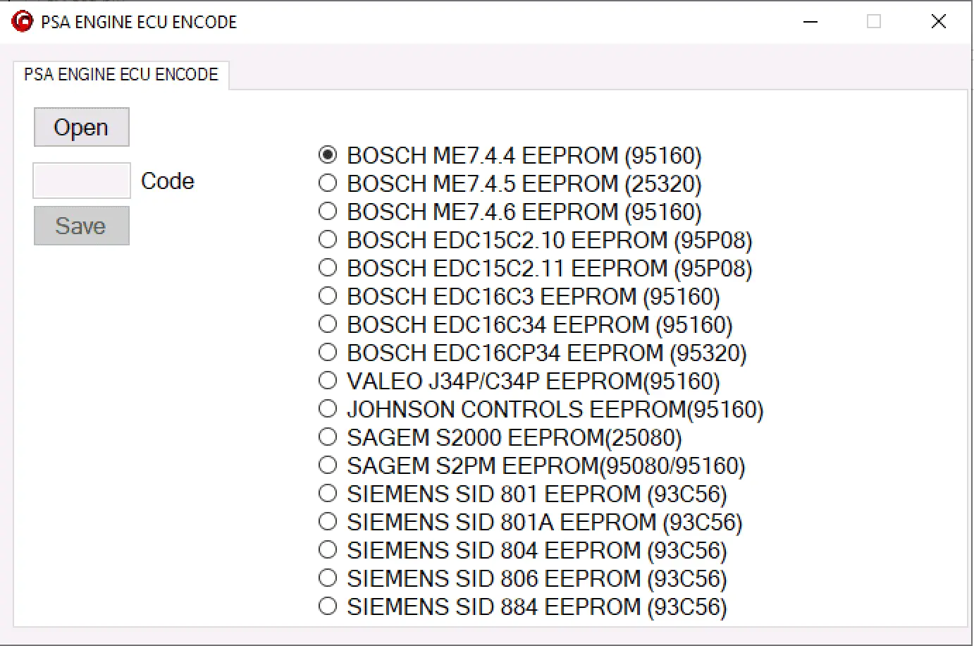 The main interface of the PSA Engine ECU Encode tool, showing a list of supported Bosch, Sagem, Siemens, and Valeo ECUs for PIN code extraction.