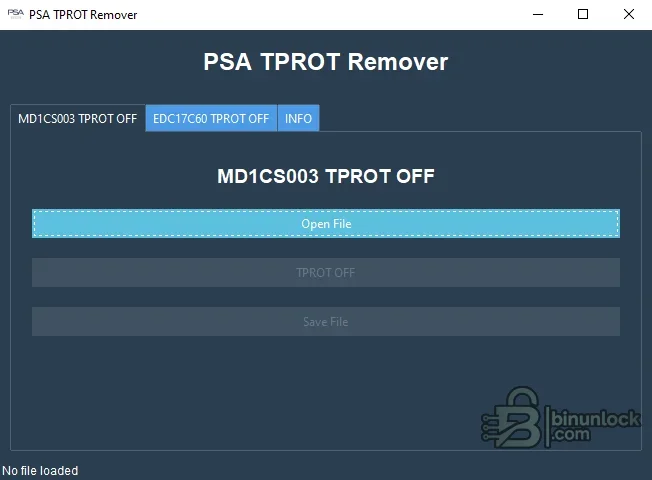 PSA TPROT Remover interface with separate MD1CS003 and EDC17C60 tabs and Open File, TPROT OFF and Save File controls