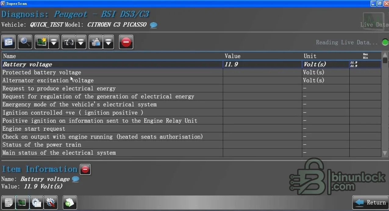 PSA SuperScan diagnostic screen showing a Citroën BSI quick test and live electrical values