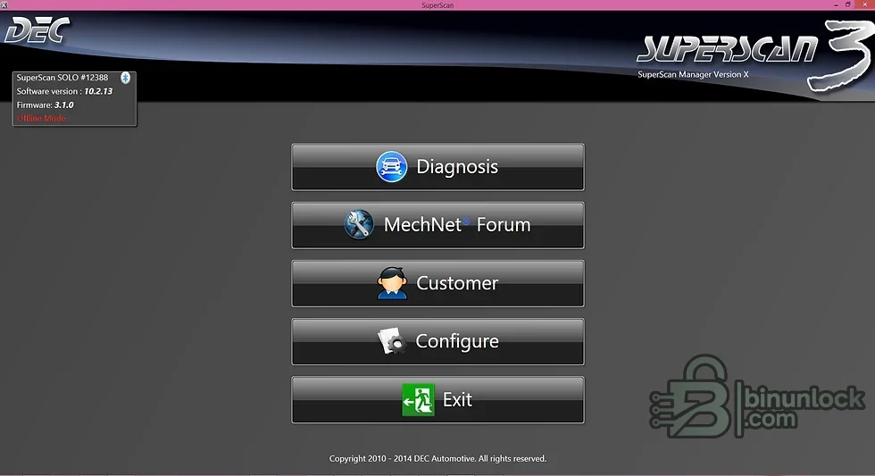 PSA SuperScan Manager main menu with diagnosis, customer and configuration sections