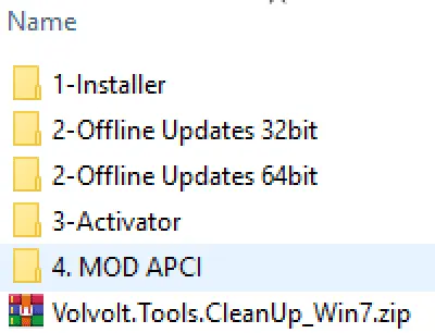 Folder list for PTT 1.12 package with Installer, Offline Updates (32/64-bit), MOD APCI and cleanup utility.