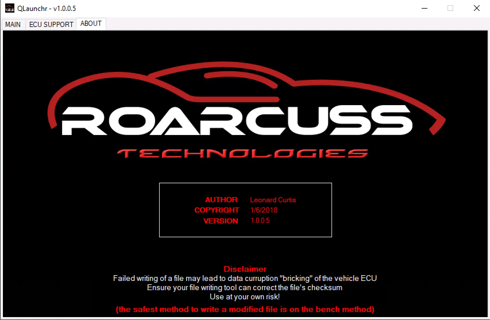 QLaunchr 1.0.0.5 about screen showing version info and a checksum warning for safer ECU file handling.