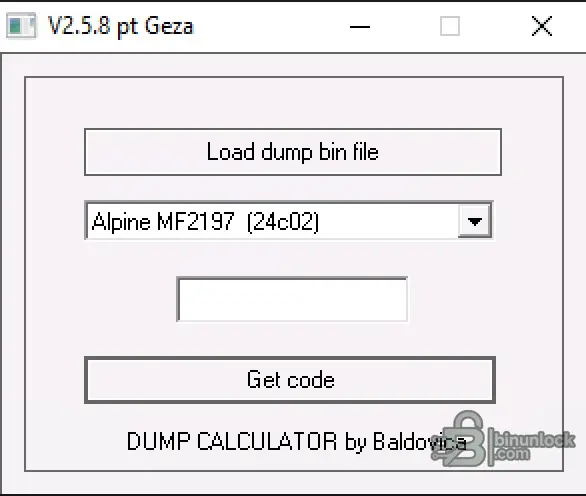 V2.5.8 pt Geza radio EEPROM dump calculator showing BIN load option, preset selector and get code button for service work.