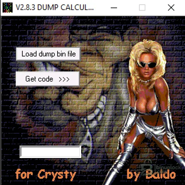 V2.8.3 Dump Calculator interface showing load dump BIN file and get code actions for supported car audio head units.
