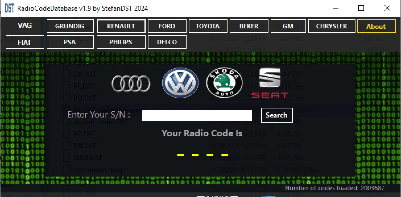 VAG calculator screen with Audi, Volkswagen, Škoda and SEAT logos and serial-number input field.