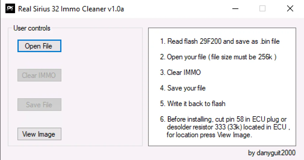 The user interface of Real Sirius 32 Immo Cleaner v1.0a, a tool for disabling the immobilizer on Renault and Dacia ECUs, showing the 6-step procedure.