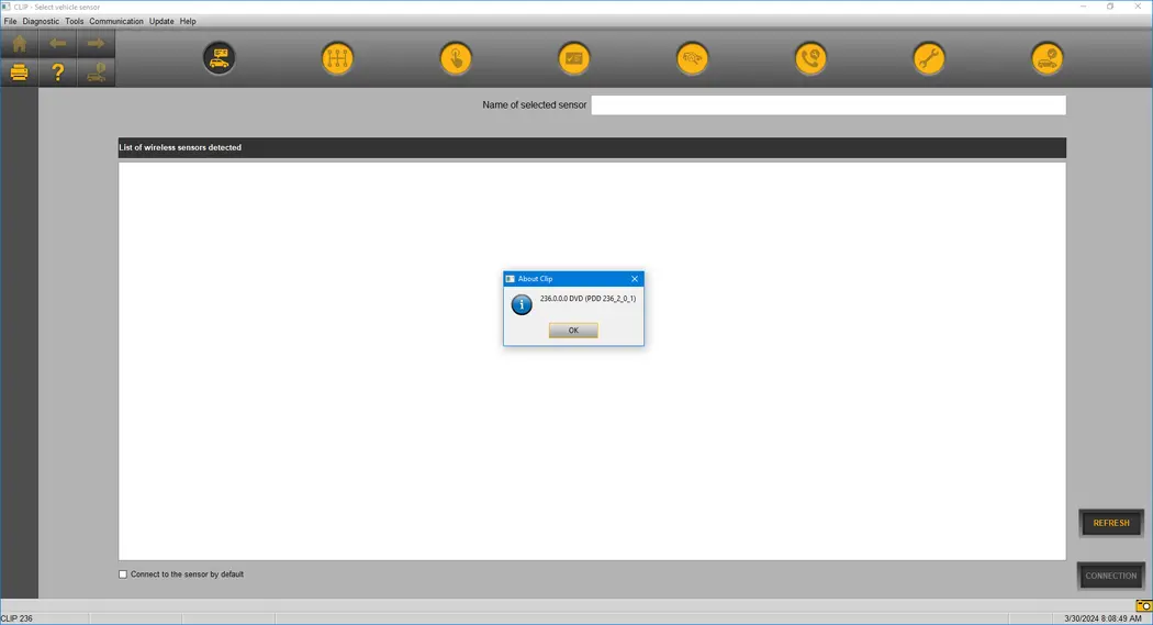 Renault CAN Clip 236 main interface with About dialog showing DVD build