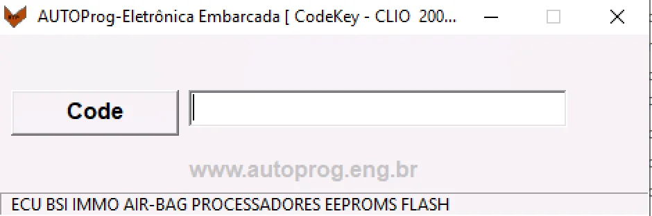 CLIO 2002 CodeKey window showing a single input field for the source code and “Code” button for Renault immobilizer PIN calculation.