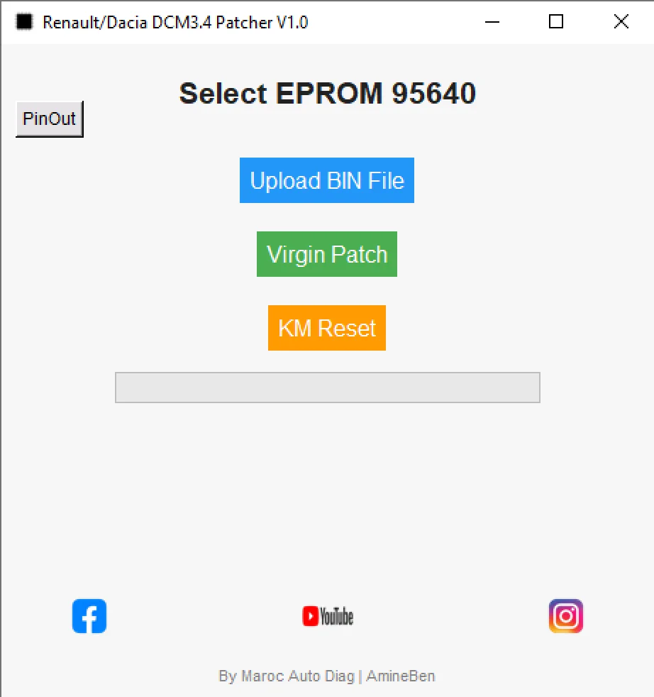 Renault Dacia DCM3.4 95640 tool interface showing buttons for Upload BIN, Virgin Patch and KM Reset.
