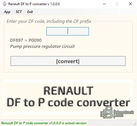 Renault DF to P-Code Converter interface showing DF code entry and an EOBD result with description