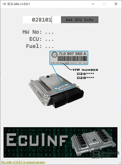 ECU Info companion utility with a Bosch number prefix field and hardware, ECU and fuel result fields