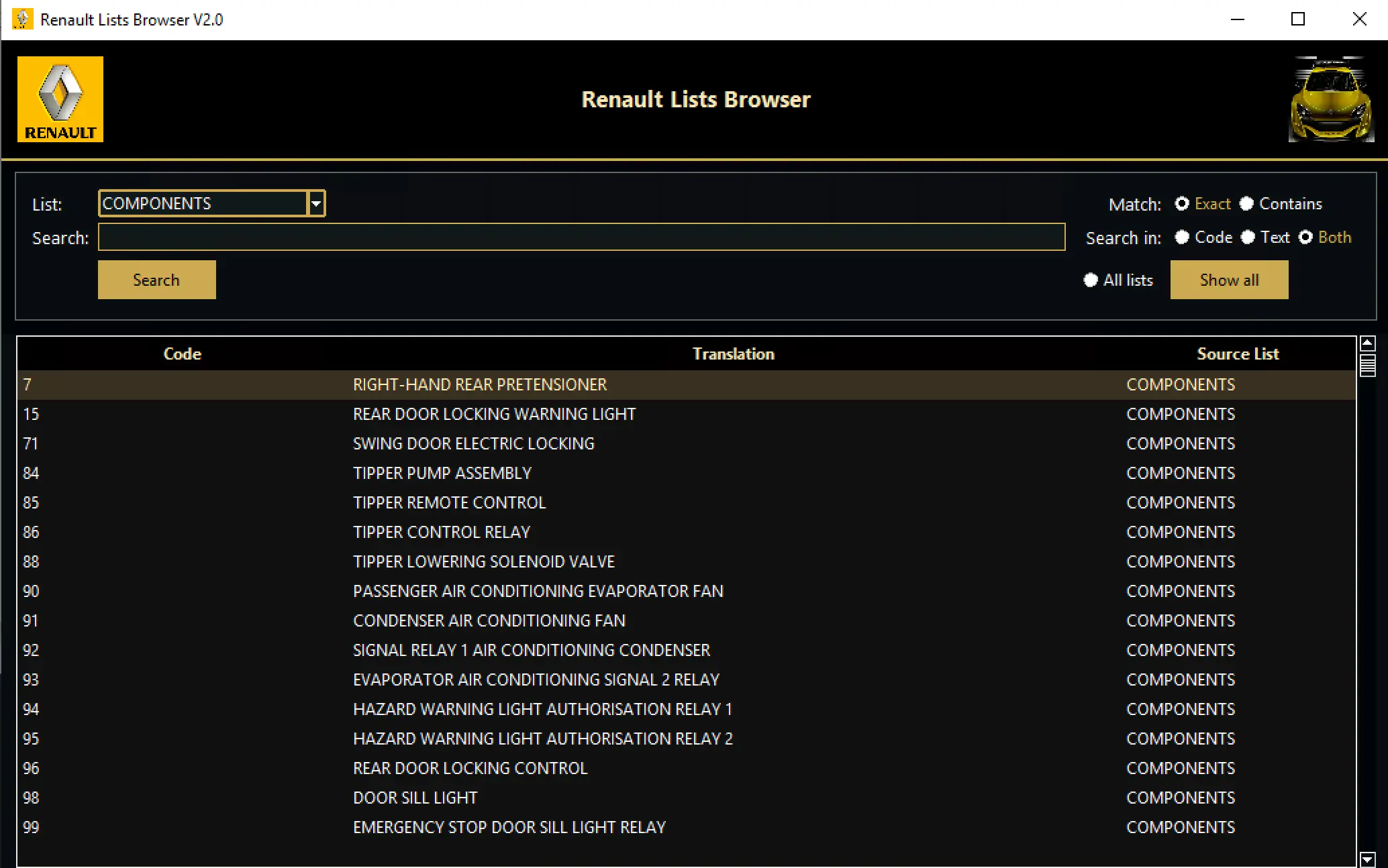 Renault Lists Browser V2.0 main window showing component code list, translation column and search filters for workshop diagnostics.