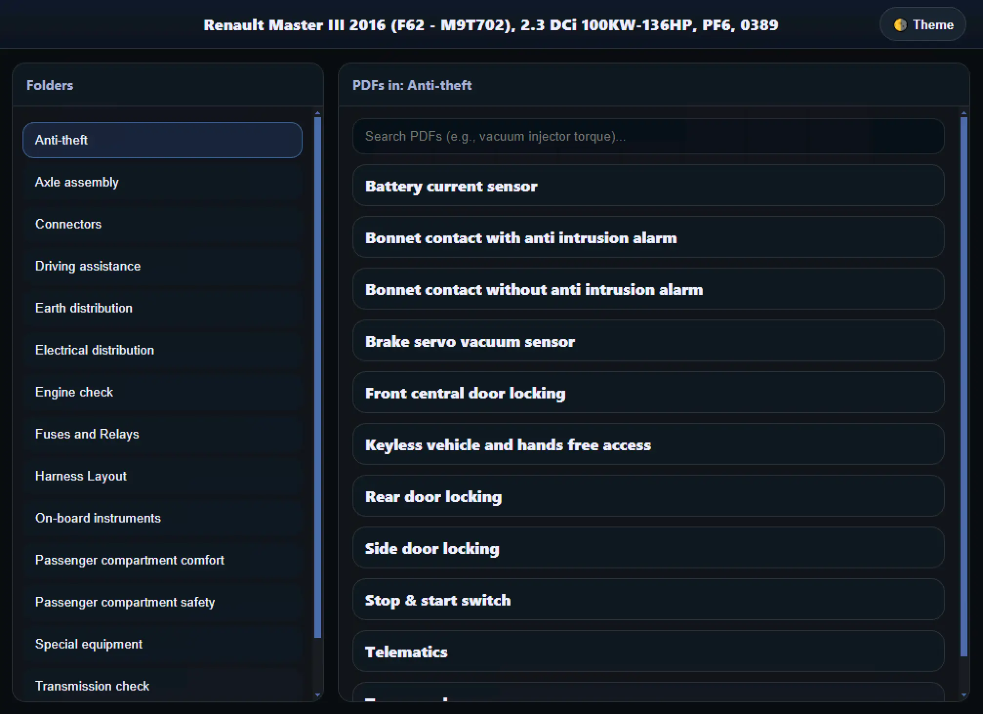 Renault Master III 2016 F62 M9T702 wiring index screen showing system folders, connector PDFs, and anti-theft documentation (O389).