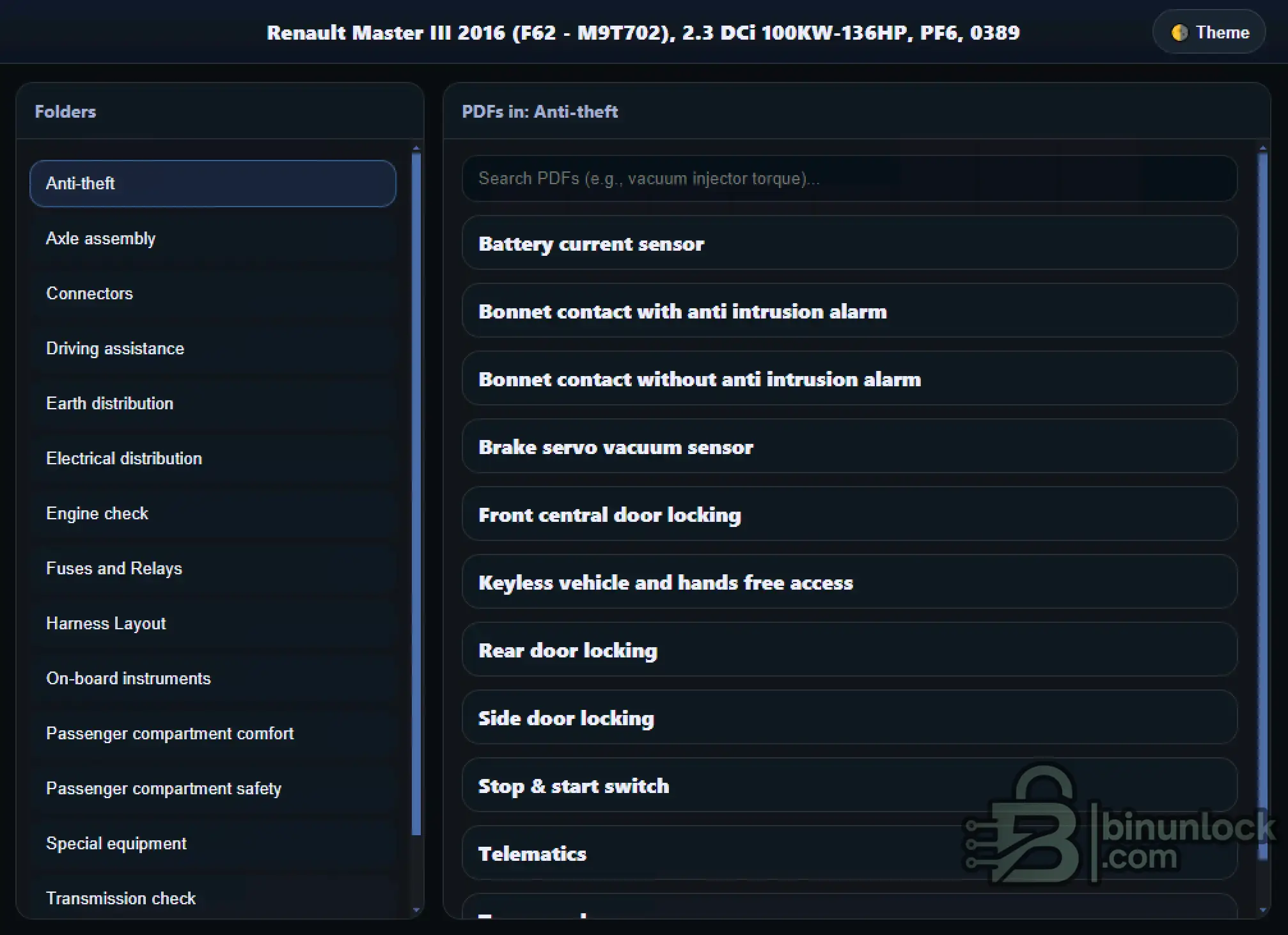 Renault Master III 2016 F62 M9T702 wiring index screen showing system folders, connector PDFs, and anti-theft documentation (O389).