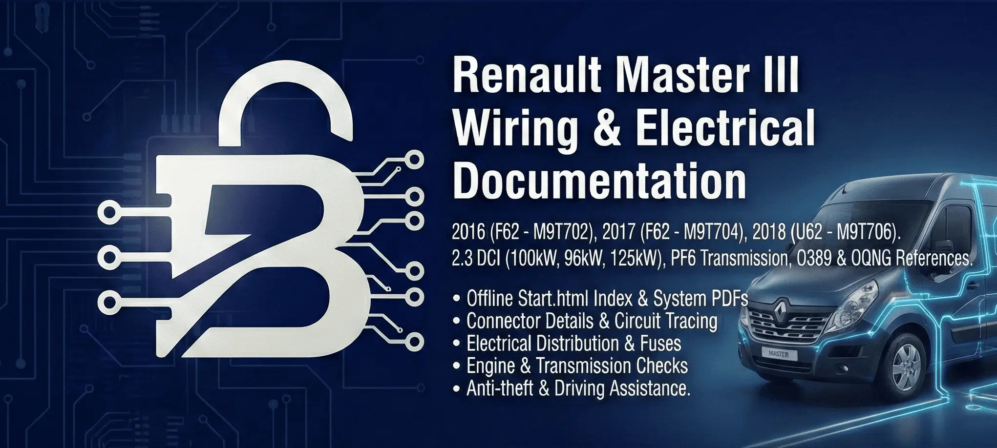 Renault Master III wiring and electrical documentation cover for O389 and OQNG packs with connector details and system PDFs.