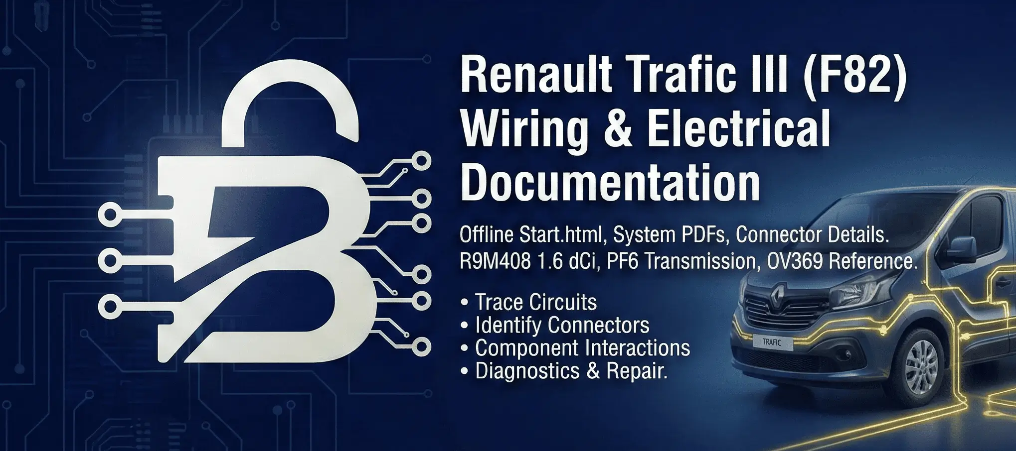 OV369 cover banner for Renault Trafic III F82 wiring documentation with connector details and electrical distribution keywords.