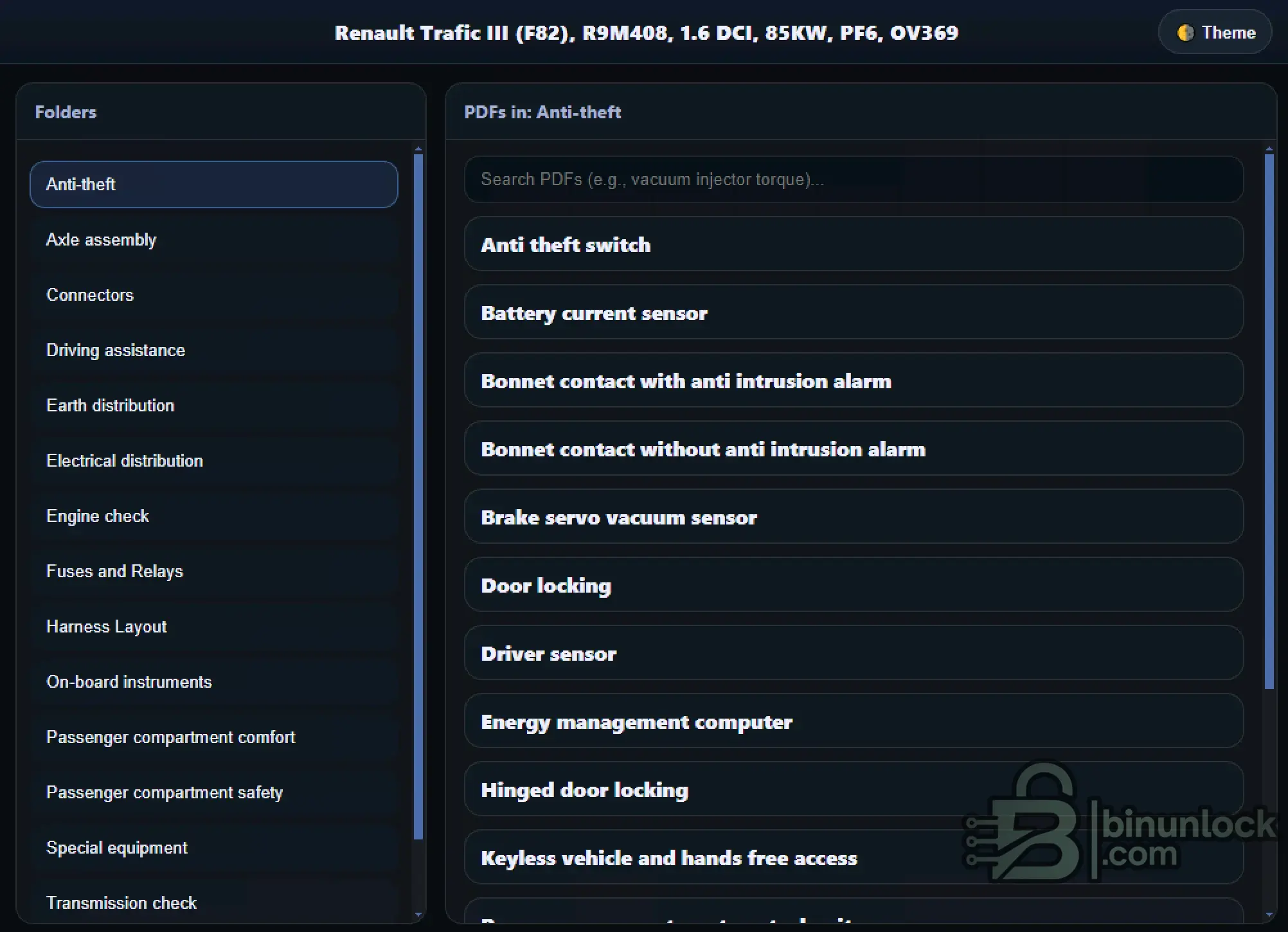 OV369 Trafic III F82 wiring index screen with system folders, connector PDFs, and electrical distribution topics.