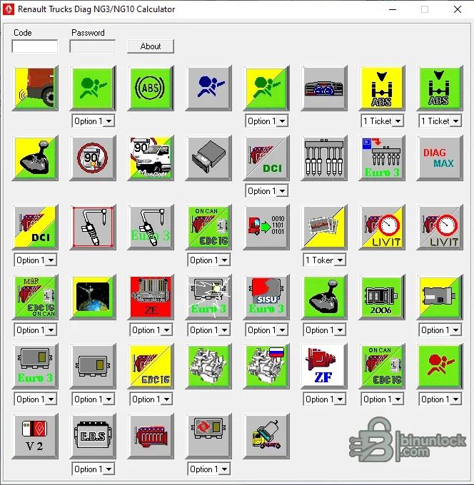 Renault Trucks Diag NG calculator with code and password fields plus protected-system parameter icons