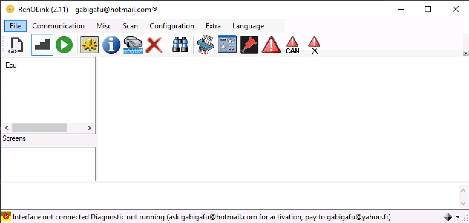 The main user interface of Renolink version 2.11, a diagnostic and programming tool for Renault and Dacia vehicles, showing a connection error message.