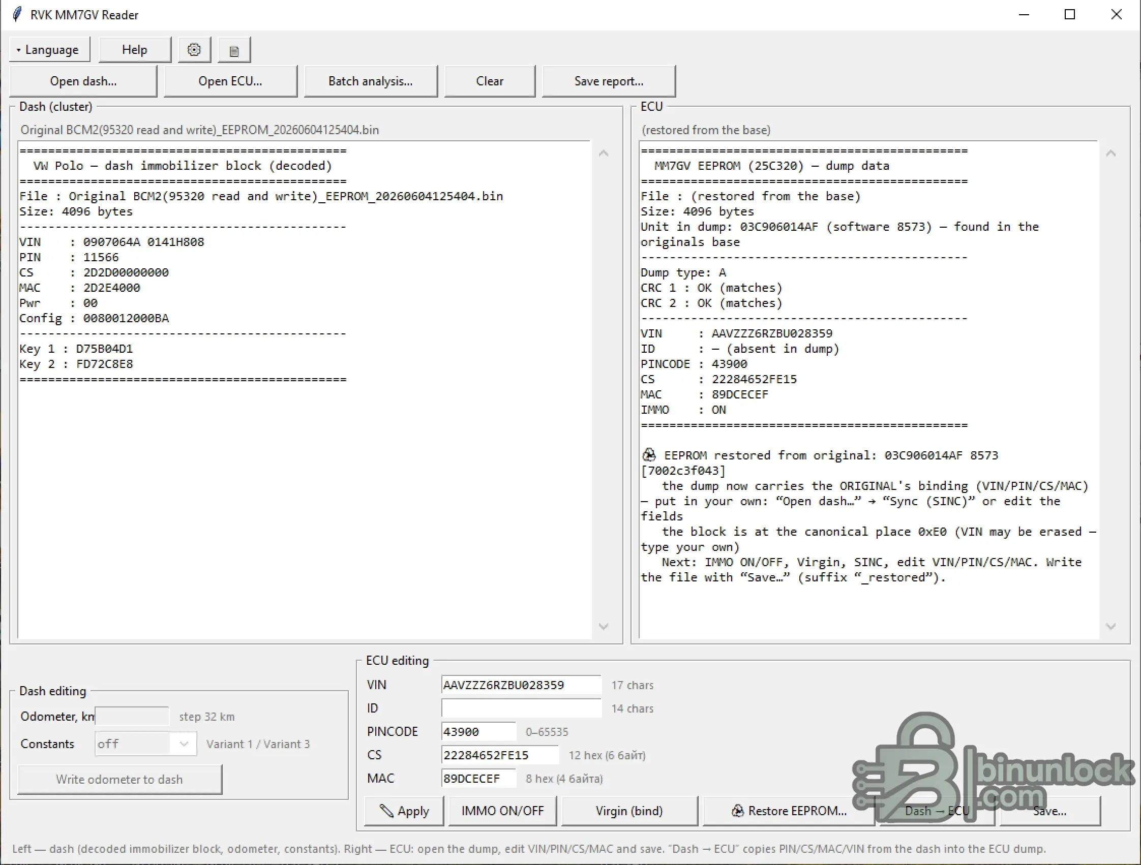 RVK MM7GV Reader editing VAG MM7GV ECU and VW Polo cluster EEPROM data