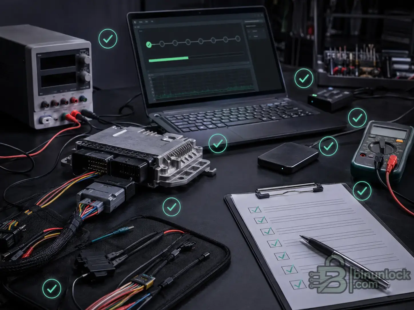 Safe ECU flashing checklist with ECU, laptop, bench harness, power supply, multimeter and backup storage.