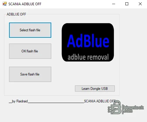 Scania AdBlue flash-file utility with Select, Check and Save controls