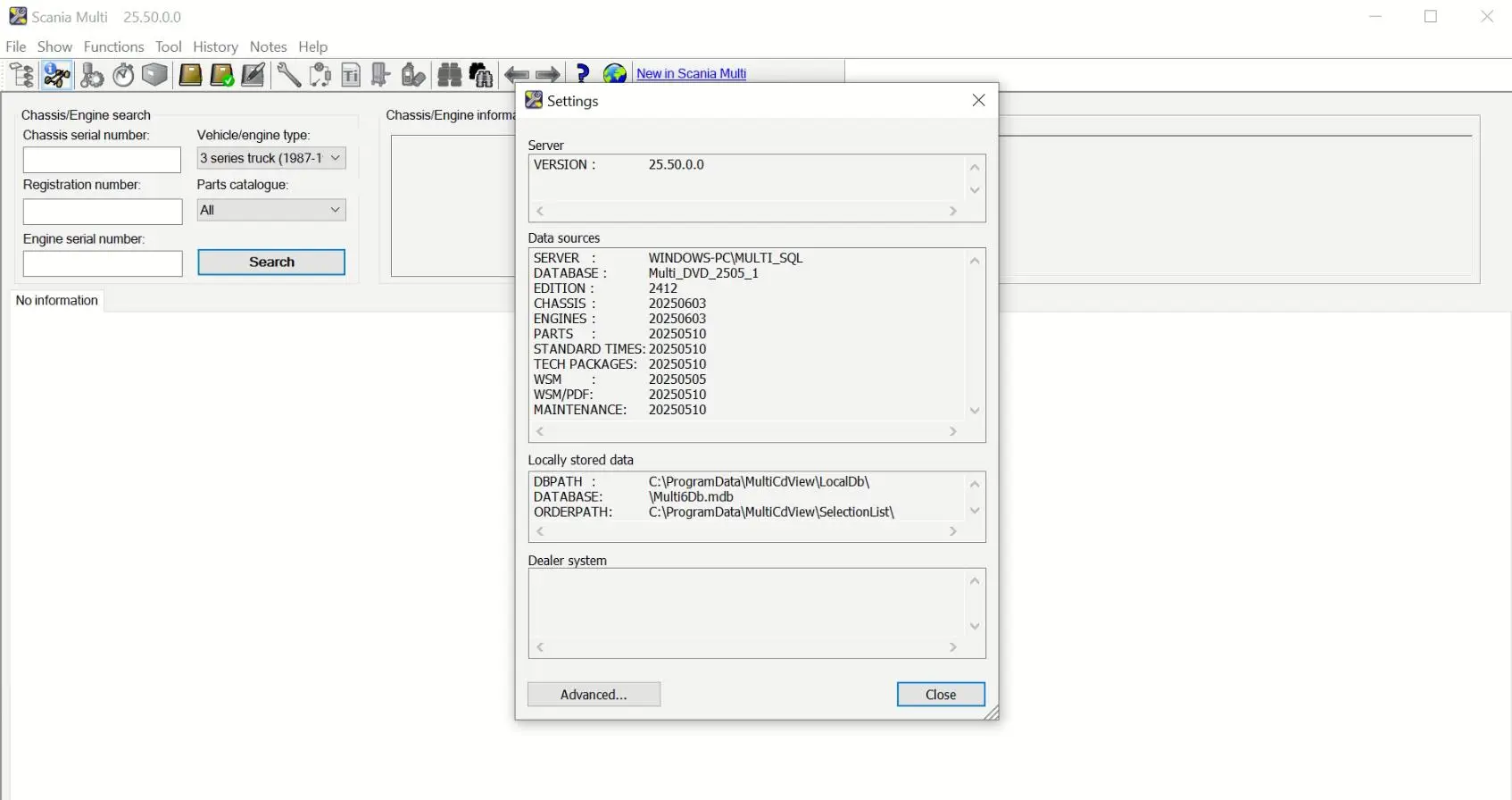 Scania Multi 25.50.0.0 06.2025 main screen with chassis search and data source version panel for trucks and buses.