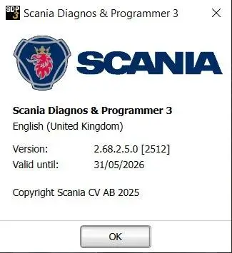Scania Diagnos and Programmer 3 SDP3 version 2.68.2.5 English UK about window showing software license valid until 31 May 2026