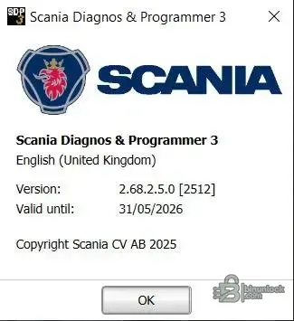 Scania Diagnos and Programmer 3 SDP3 version 2.68.2.5 English UK about window showing software license valid until 31 May 2026
