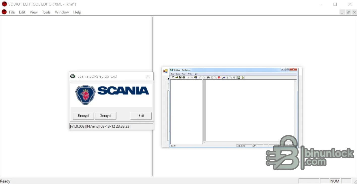 Scania SOPS encrypt and decrypt utility displayed with an XML editor for reviewing a vehicle configuration file