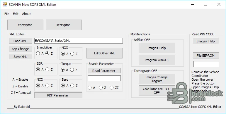 Scania SOPS parameter editor with XML loading, search, immobilizer, EGR, NOx, torque and tachograph work areas