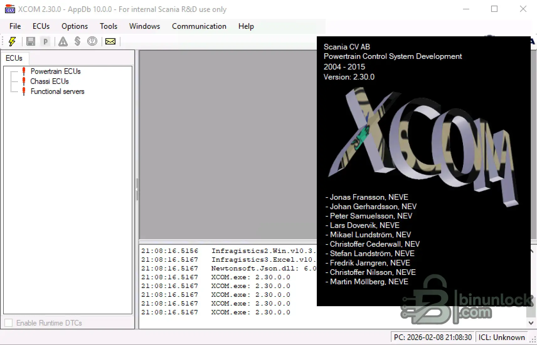 Scania XCOM v2.30.0 legacy interface with AppDb 10.0.0 showing ECU groups for powertrain and chassis testing.