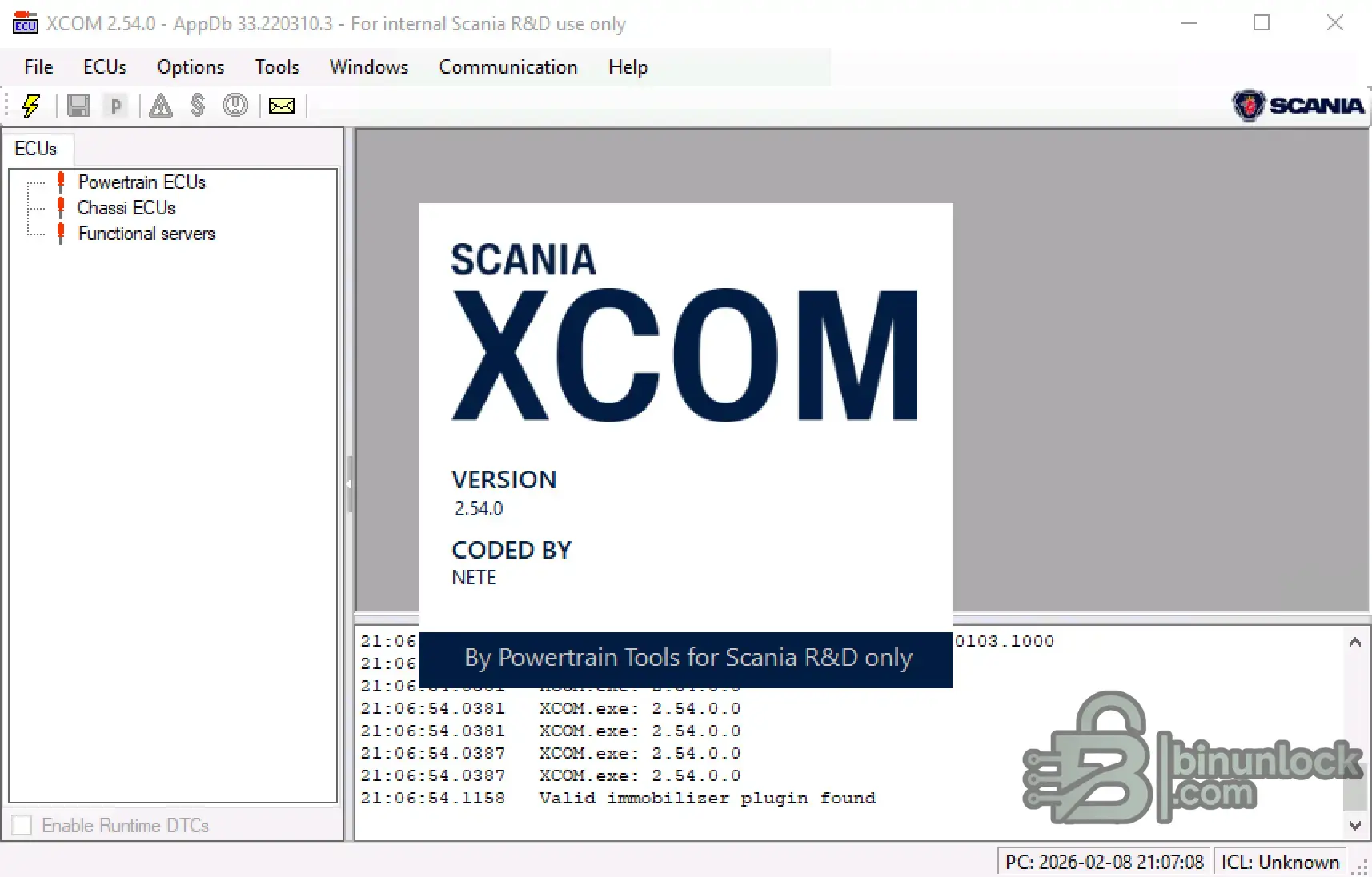 Scania XCOM v2.54.0 showing ECU groups and AppDb 33.220310.3 for powertrain and chassis communication workflows.