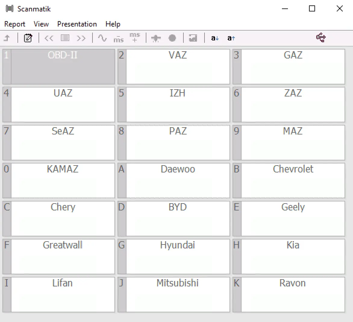 The main vehicle selection menu of the Scanmatik 2 diagnostic software, showing supported brands like VAZ, GAZ, UAZ, Kia, Hyundai, and Mitsubishi.