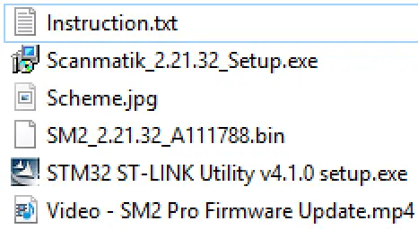 Scanmatik v2.21.32 package contents showing setup, firmware bin, ST-LINK utility and guide