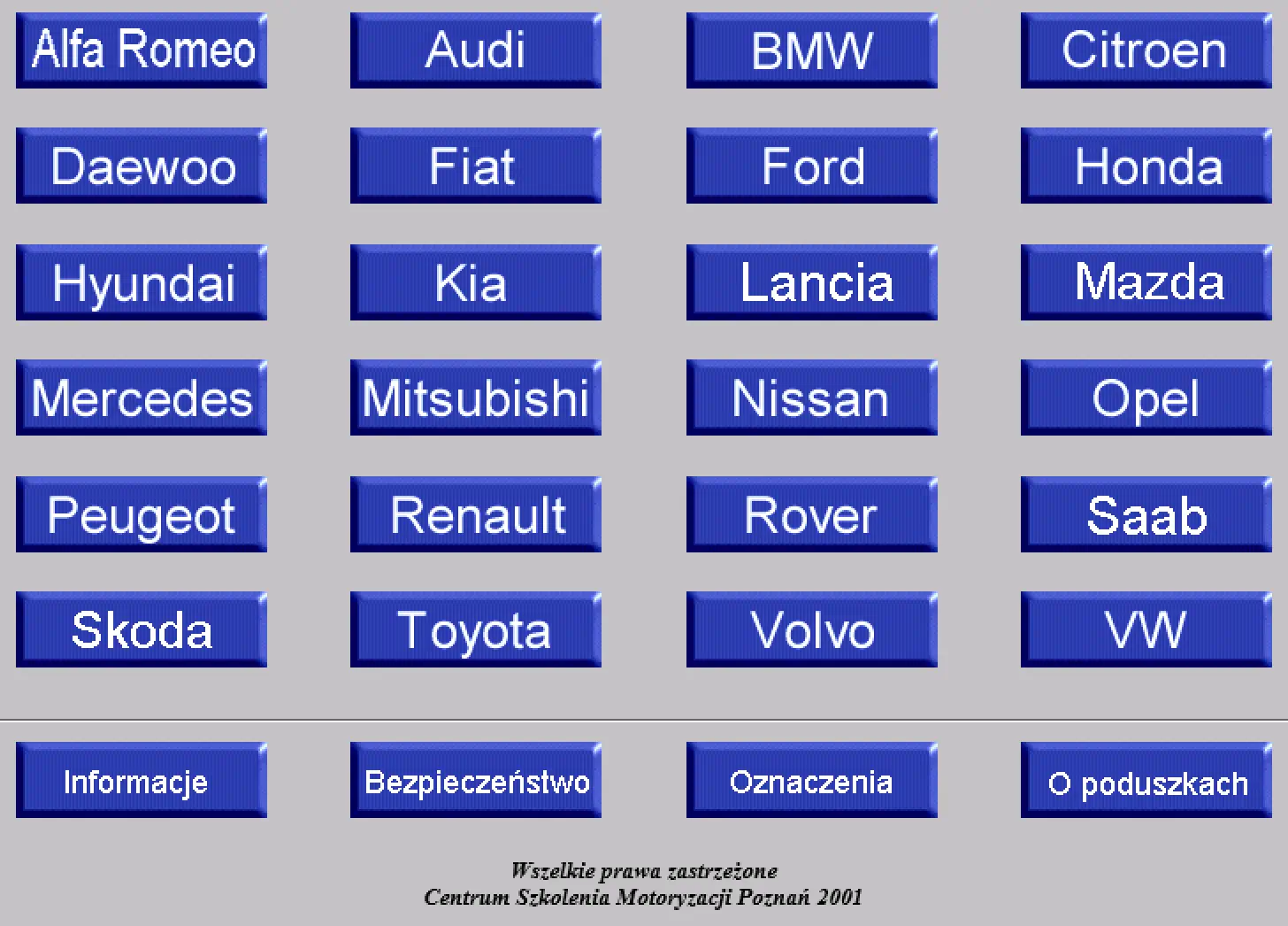 Program Schematiq Location Airbag Blocks v2001 main menu showing car brand list for airbag block locations.