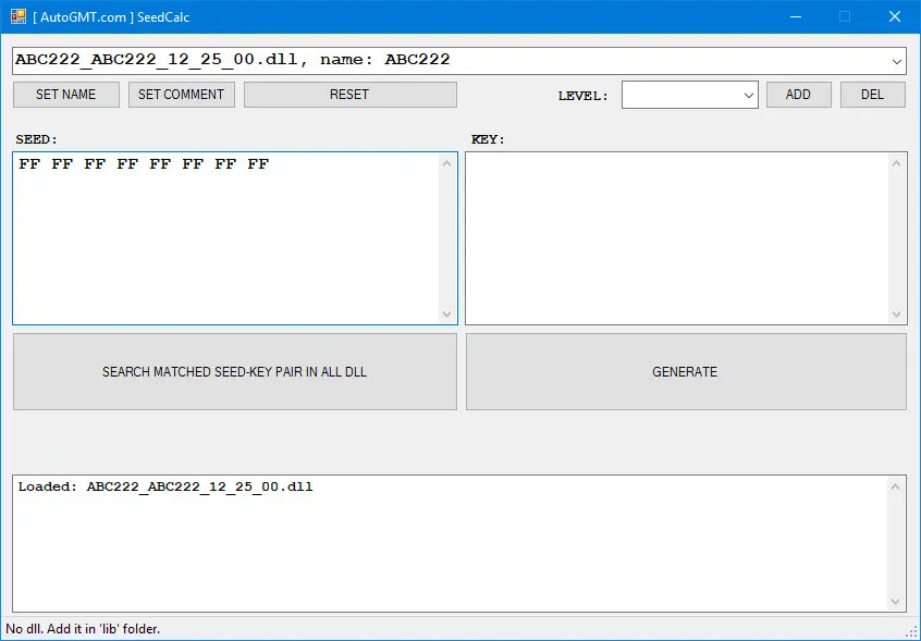 Seed Key Calculator v1.0 main window with seed input and DLL scan buttons