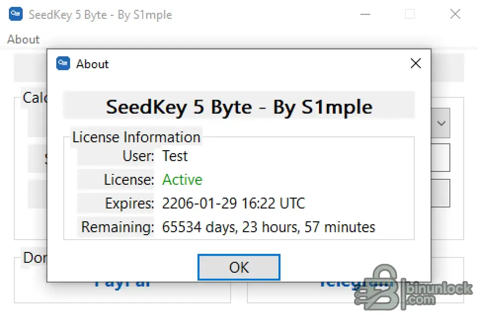 SeedKey 5 Byte by S1mple license information window showing active user license, expiration date and remaining time.